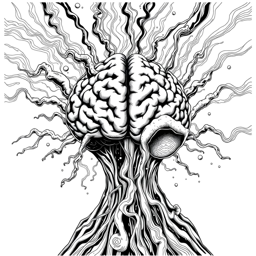 A trippy psychedelic illustration of a brain breaking open to spew creativity and growth